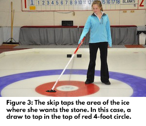 Figure 3: The skip taps the area of the ice where she wants the stone.In this case she wants a draw to stop in the top of the red, four-foot circle.